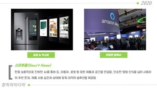 삼성 뉴 빅스비 아마존 알렉사
한층 능동적으로 진화한 AI를 통해 집, 자동차, 로봇 등 모든 제품과 공간을 연결함. 단순한 명령 인식을 넘어 사용자
의 주변 환경, 제품 사용 습관과 상태에 맞춰 최적의 솔루션을 제공함
스마트홈(Smart Home)
[
2020
창직아이디어
 