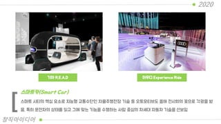 기아 R.E.A.D 아우디 Experience Ride
스마트 시티의 핵심 요소로 지능형 교통수단인 자율주행전장 기술 등 오토모티브도 올해 전시회의 꽃으로 각광을 받
음. 특히 운전자의 상태를 읽고 그에 맞는 기능을 수행하는 사람 중심의 차세대 자동차 기술을 선보임
스마트카(Smart Car)
[
2020
창직아이디어
 