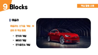 Blocks9 핵심 활동 사례
테슬라
• 전기차 개발
• 배터리 개발
• 전기충전소 개발
테슬라는 신기술 개발, 보
급이 주 핵심 활동
 