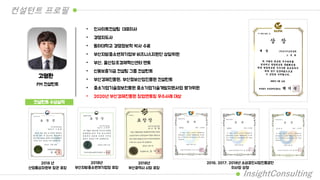 컨설턴트 프로필
InsightConsulting
고명환
PM 컨설턴트
• 인사이트컨설팅 대표이사
• 경영지도사
• 동아대학교 경영정보학 박사 수료
• 부산지방중소벤처기업부 비즈니스지원단 상담위원
• 부산, 울산창조경제혁신센터 멘토
• 신용보증기금 컨설팅 그룹 컨설턴트
• 부산경제진흥원, 부산정보산업진흥원 컨설턴트
• 중소기업기술정보진흥원 중소기업기술개발지원사업 평가위원
• 2020년 부산경제진흥원 창업멘토링 우수사례 대상
컨설턴트 수상실적
2018 년
산업통상자원부 장관 표창
2018년
부산지방중소벤처기업청 표창
2018년
부산광역시 시장 표창
2016, 2017, 2018년 소상공인시장진흥공단
이사장 상장
 