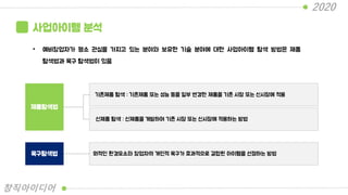 사업아이템 분석
• 예비창업자가 평소 관심을 가지고 있는 분야와 보유한 기술 분야에 대한 사업아이템 탐색 방법은 제품
탐색법과 욕구 탐색법이 있음
제품탐색법
기존제품 탐색 : 기존제품 또는 성능 등을 일부 변경한 제품을 기존 시장 또는 신시장에 적용
신제품 탐색 : 신제품을 개발하여 기존 시장 또는 신시장에 적용하는 방법
욕구탐색법 외적인 환경요소와 창업자의 개인적 욕구가 효과적으로 결합된 아이템을 선정하는 방법
2020
창직아이디어
 