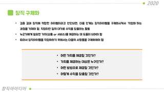 창직 구체화
• 검증 결과 창직에 적합한 아이템이라고 판단되면, 다음 단계는 창직아이템을 구체화시켜서 “직업화”하는
과정을 거쳐야 함. 직업이란 일의 대가로 수익을 창출하는 활동
• 누군가에게 필요한 가치(상품 or 서비스)를 제공하는 데 도움이 되어야 함
• 따라서 창직아이템을 직업화하기 위해서는 다음의 사항들을 구체화해야 함
• 어떤 가치를 제공할 것인가?
• 가치를 제공하는 대상은 누구인가?
• 어떤 방법으로 제공할 것인가?
• 어떻게 수익을 창출할 것인가?
2020
창직아이디어
 