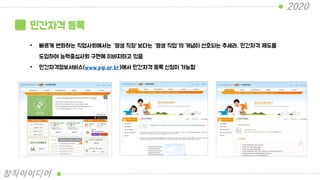 민간자격 등록
• 빠르게 변화하는 직업사회에서는 “평생 직장”보다는 “평생 직업”의 개념이 선호되는 추세라, 민간자격 제도를
도입하여 능력중심사회 구현에 이바지하고 있음
• 민간자격정보서비스(www.pqi.or.kr)에서 민간자격 등록 신청이 가능함
2020
창직아이디어
 
