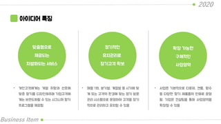 2020
Business Item
아이디어 특징
맞춤형으로
제공되는
차별화되는 서비스
정기적인
유지관리로
장기고객 확보
확장 가능한
구체적인
사업영역
• 개인고객에게는 개별 취향과 선호에
맞춘 향기를 디자인해주며 기업고객에
게는 브랜드화될 수 있는 시그니처 향기
프로그램을 제공함
• 매월 1회, 분기별, 계절별 등 시기에 맞
게 또는 고객의 환경에 맞는 정기 방문
관리 시스템으로 운영하여 고객을 장기
적으로 관리하고 유지할 수 있음
• 사업은 기본적으로 디퓨저, 캔들, 향수
등 다양한 향기 제품들의 판매로 운영
됨. 기업은 컨설팅을 통해 사업영역을
확장할 수 있음
 