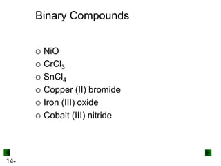 Binary Compounds







14-

NiO
CrCl3
SnCl4
Copper (II) bromide
Iron (III) oxide
Cobalt (III) nitride

 