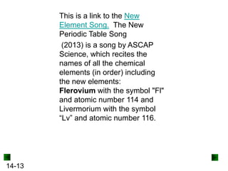 This is a link to the New
Element Song. The New
Periodic Table Song
(2013) is a song by ASCAP
Science, which recites the
names of all the chemical
elements (in order) including
the new elements:
Flerovium with the symbol "Fl"
and atomic number 114 and
Livermorium with the symbol
“Lv” and atomic number 116.

14-13

 