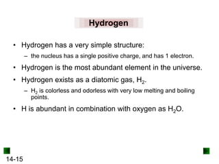 Hydrogen
• Hydrogen has a very simple structure:
– the nucleus has a single positive charge, and has 1 electron.

• Hydrogen is the most abundant element in the universe.
• Hydrogen exists as a diatomic gas, H2.
– H2 is colorless and odorless with very low melting and boiling
points.

• H is abundant in combination with oxygen as H2O.

14-15

 