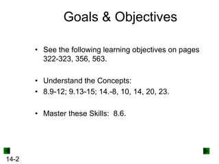 Goals & Objectives
• See the following learning objectives on pages
322-323, 356, 563.
• Understand the Concepts:
• 8.9-12; 9.13-15; 14.-8, 10, 14, 20, 23.
• Master these Skills: 8.6.

14-2

 