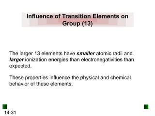 Influence of Transition Elements on
Group (13)

The larger 13 elements have smaller atomic radii and
larger ionization energies than electronegativities than
expected.
These properties influence the physical and chemical
behavior of these elements.

14-31

 