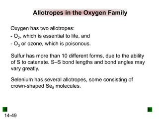 Allotropes in the Oxygen Family
Oxygen has two allotropes:
- O2, which is essential to life, and
- O3 or ozone, which is poisonous.
Sulfur has more than 10 different forms, due to the ability
of S to catenate. S–S bond lengths and bond angles may
vary greatly.
Selenium has several allotropes, some consisting of
crown-shaped Se8 molecules.

14-49

 