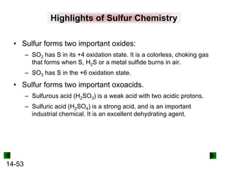 Highlights of Sulfur Chemistry
• Sulfur forms two important oxides:
– SO2 has S in its +4 oxidation state. It is a colorless, choking gas
that forms when S, H2S or a metal sulfide burns in air.
– SO3 has S in the +6 oxidation state.

• Sulfur forms two important oxoacids.
– Sulfurous acid (H2SO3) is a weak acid with two acidic protons.
– Sulfuric acid (H2SO4) is a strong acid, and is an important
industrial chemical. It is an excellent dehydrating agent.

14-53

 