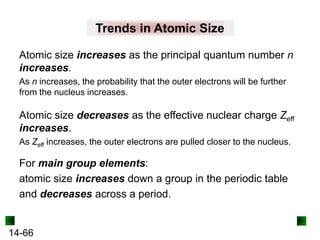 Trends in Atomic Size
Atomic size increases as the principal quantum number n
increases.
As n increases, the probability that the outer electrons will be further
from the nucleus increases.

Atomic size decreases as the effective nuclear charge Zeff
increases.
As Zeff increases, the outer electrons are pulled closer to the nucleus.

For main group elements:
atomic size increases down a group in the periodic table
and decreases across a period.

14-66

 