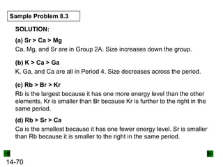 Sample Problem 8.3
SOLUTION:
(a) Sr > Ca > Mg
Ca, Mg, and Sr are in Group 2A. Size increases down the group.
(b) K > Ca > Ga
K, Ga, and Ca are all in Period 4. Size decreases across the period.
(c) Rb > Br > Kr
Rb is the largest because it has one more energy level than the other
elements. Kr is smaller than Br because Kr is further to the right in the
same period.
(d) Rb > Sr > Ca
Ca is the smallest because it has one fewer energy level. Sr is smaller
than Rb because it is smaller to the right in the same period.

14-70

 