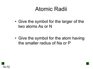 Atomic Radii
• Give the symbol for the larger of the
two atoms As or N
• Give the symbol for the atom having
the smaller radius of Na or P

14-72

 