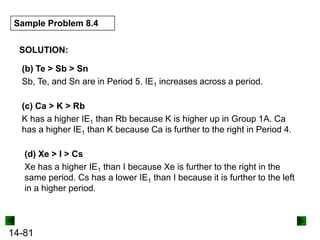 Sample Problem 8.4
SOLUTION:
(b) Te > Sb > Sn
Sb, Te, and Sn are in Period 5. IE1 increases across a period.
(c) Ca > K > Rb
K has a higher IE1 than Rb because K is higher up in Group 1A. Ca
has a higher IE1 than K because Ca is further to the right in Period 4.
(d) Xe > I > Cs
Xe has a higher IE1 than I because Xe is further to the right in the
same period. Cs has a lower IE1 than I because it is further to the left
in a higher period.

14-81

 