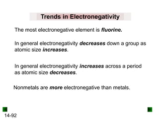 Trends in Electronegativity
The most electronegative element is fluorine.

In general electronegativity decreases down a group as
atomic size increases.
In general electronegativity increases across a period
as atomic size decreases.
Nonmetals are more electronegative than metals.

14-92

 