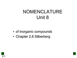 NOMENCLATURE
Unit 8
• of inorganic compounds
• Chapter 2.8 Silberberg

2-1

 