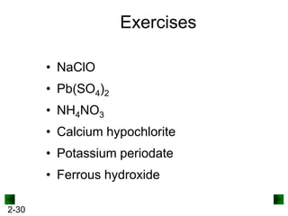 Exercises
• NaClO

• Pb(SO4)2
• NH4NO3

• Calcium hypochlorite
• Potassium periodate
• Ferrous hydroxide
2-30

 