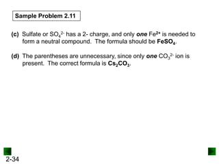 Sample Problem 2.11
(c) Sulfate or SO42- has a 2- charge, and only one Fe2+ is needed to
form a neutral compound. The formula should be FeSO4.

(d) The parentheses are unnecessary, since only one CO32- ion is
present. The correct formula is Cs2CO3.

2-34

 