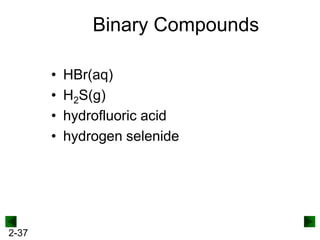Binary Compounds
•
•
•
•

2-37

HBr(aq)
H2S(g)
hydrofluoric acid
hydrogen selenide

 
