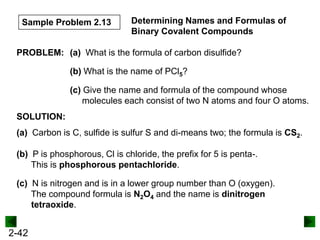 Sample Problem 2.13

Determining Names and Formulas of
Binary Covalent Compounds

PROBLEM: (a) What is the formula of carbon disulfide?
(b) What is the name of PCl5?
(c) Give the name and formula of the compound whose
molecules each consist of two N atoms and four O atoms.
SOLUTION:
(a) Carbon is C, sulfide is sulfur S and di-means two; the formula is CS2.
(b) P is phosphorous, Cl is chloride, the prefix for 5 is penta-.
This is phosphorous pentachloride.
(c) N is nitrogen and is in a lower group number than O (oxygen).
The compound formula is N2O4 and the name is dinitrogen
tetraoxide.

2-42

 