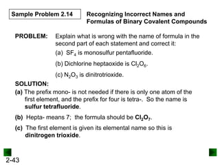 Sample Problem 2.14

PROBLEM:

Recognizing Incorrect Names and
Formulas of Binary Covalent Compounds

Explain what is wrong with the name of formula in the
second part of each statement and correct it:
(a) SF4 is monosulfur pentafluoride.
(b) Dichlorine heptaoxide is Cl2O6.
(c) N2O3 is dinitrotrioxide.

SOLUTION:
(a) The prefix mono- is not needed if there is only one atom of the
first element, and the prefix for four is tetra-. So the name is
sulfur tetrafluoride.
(b) Hepta- means 7; the formula should be Cl2O7.
(c) The first element is given its elemental name so this is
dinitrogen trioxide.

2-43

 