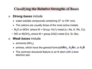 Classifying the Relative Strengths of Bases


Strong bases include


water-soluble compounds containing O2- or OH- ions.



The cations are usually those of the most active metals:

 M2O or MOH, where M = Group 1A(1) metal (Li, Na, K, Rb, Cs)
 MO or M(OH)2 where M = group 2A(2) metal (Ca, Sr, Ba).


Weak bases include


ammonia (NH3),



amines, which have the general formula



The common structural feature is an N atom with a lone
electron pair.

 
