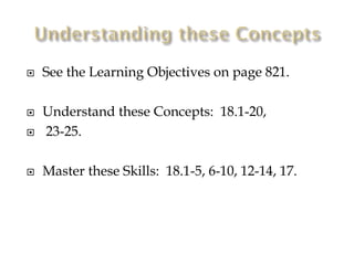 

See the Learning Objectives on page 821.



Understand these Concepts: 18.1-20,
23-25.



Master these Skills: 18.1-5, 6-10, 12-14, 17.



 