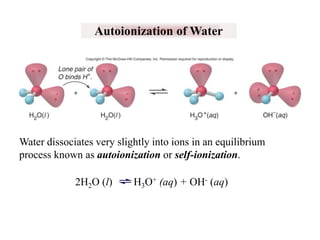 Autoionization of Water

Water dissociates very slightly into ions in an equilibrium
process known as autoionization or self-ionization.

2H2O (l)

H3O+ (aq) + OH- (aq)

 