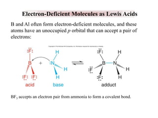 Electron-Deficient Molecules as Lewis Acids
B and Al often form electron-deficient molecules, and these
atoms have an unoccupied p orbital that can accept a pair of
electrons:

BF3 accepts an electron pair from ammonia to form a covalent bond.

 
