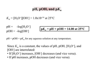 pH, pOH, and pKw
Kw = [H3O+][OH-] = 1.0x10-14 at 25°C
pH = -log[H3O+]
pOH = -log[OH-]

pKw = pH + pOH = 14.00 at 25°C

pH + pOH = pKw for any aqueous solution at any temperature.

Since Kw is a constant, the values of pH, pOH, [H3O+], and
[OH-] are interrelated:
• If [H3O+] increases, [OH-] decreases (and vice versa).
• If pH increases, pOH decreases (and vice versa).

 