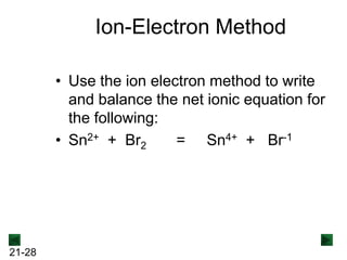 Ion-Electron Method
• Use the ion electron method to write
and balance the net ionic equation for
the following:
• Sn2+ + Br2
= Sn4+ + Br-1

21-28

 