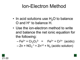 Ion-Electron Method
• In acid solutions use H2O to balance
O and H+ to balance H.
• Use the ion-electron method to write
and balance the net ionic equation for
the following:
– Fe2+ + Cr2O72- = Fe3+ + Cr3+ (acidic)
– Zn + NO3-1 = Zn+2 + N2 (acidic solution)

21-30

 