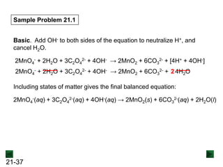 Sample Problem 21.1
Basic. Add OH- to both sides of the equation to neutralize H+, and
cancel H2O.
2MnO4- + 2H2O + 3C2O42- + 4OH- → 2MnO2 + 6CO32- + [4H+ + 4OH-]
2MnO4- + 2H2O + 3C2O42- + 4OH- → 2MnO2 + 6CO32- + 2 4H2O
Including states of matter gives the final balanced equation:
2MnO4-(aq) + 3C2O42-(aq) + 4OH-(aq) → 2MnO2(s) + 6CO32-(aq) + 2H2O(l)

21-37

 