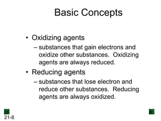 Basic Concepts
• Oxidizing agents
– substances that gain electrons and
oxidize other substances. Oxidizing
agents are always reduced.

• Reducing agents
– substances that lose electron and
reduce other substances. Reducing
agents are always oxidized.
21-8

 
