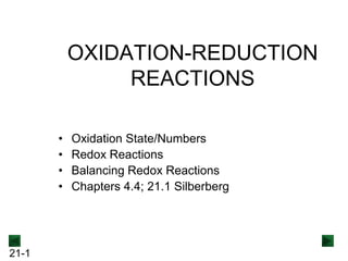 OXIDATION-REDUCTION
REACTIONS
•
•
•
•

21-1

Oxidation State/Numbers
Redox Reactions
Balancing Redox Reactions
Chapters 4.4; 21.1 Silberberg

 