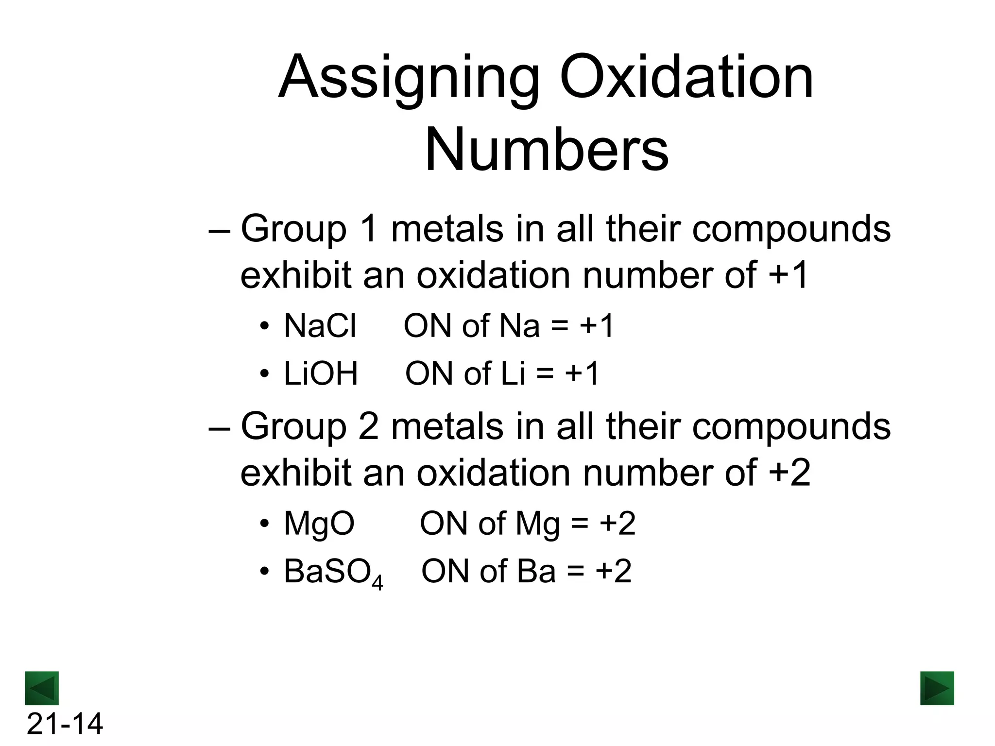 Assigning Oxidation
Numbers
– Group 1 metals in all their compounds
exhibit an oxidation number of +1
• NaCl
• LiOH

ON of Na = +1
ON of Li = +1

– Group 2 metals in all their compounds
exhibit an oxidation number of +2
• MgO
• BaSO4

21-14

ON of Mg = +2
ON of Ba = +2

 