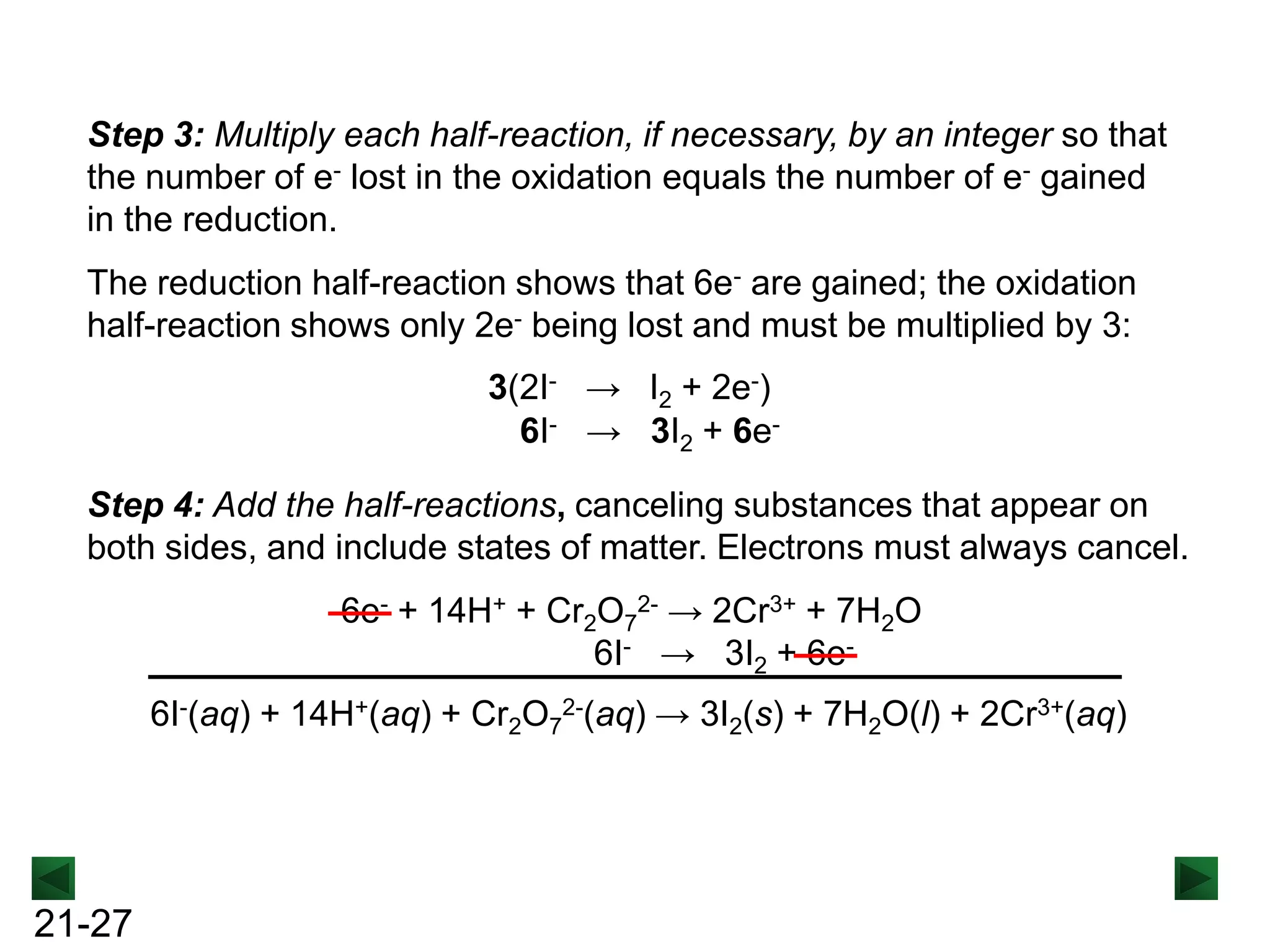 Step 3: Multiply each half-reaction, if necessary, by an integer so that
the number of e- lost in the oxidation equals the number of e- gained
in the reduction.
The reduction half-reaction shows that 6e- are gained; the oxidation
half-reaction shows only 2e- being lost and must be multiplied by 3:
3(2I- → I2 + 2e-)
6I- → 3I2 + 6eStep 4: Add the half-reactions, canceling substances that appear on
both sides, and include states of matter. Electrons must always cancel.
6e- + 14H+ + Cr2O72- → 2Cr3+ + 7H2O
6I- → 3I2 + 6e6I-(aq) + 14H+(aq) + Cr2O72-(aq) → 3I2(s) + 7H2O(l) + 2Cr3+(aq)

21-27

 