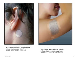 10/20/2012 13
Transderm-SCOP (Scoplamine)
Used for motion sickness Hydrogel transdermal patch:
Used in treatment of burns