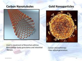 10/20/2012 22
Carbon Nanotubules
Used in treatment of Bronchial asthma
ADR:Foreign body granuloma and intestitial
fibrosis
Gold Nanoparticles
Cancer chemotherapy
-free radical generation