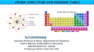 Associate Professor & Head , Department of Chemistry
SAIVA BHANU KSHATRIYA COLLEGE
ARUPPUKOTTAI - 626101
Virudhunagar District, Tamil Nadu, India
ATOMIC STRUCTURE AND PERIODIC TABLE
 