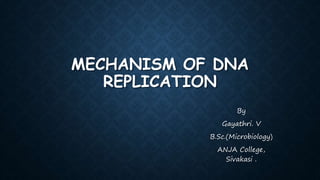 MECHANISM OF DNA
REPLICATION
By
Gayathri. V
B.Sc.(Microbiology)
ANJA College,
Sivakasi .
 