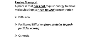Passive Transport
A process that does not require energy to move
molecules from a HIGH to LOW concentration
➢ Diffusion
➢ Facilitated Diffusion (uses proteins to push
particles across)
➢ Osmosis
 