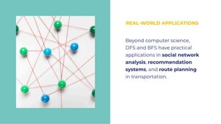 REAL-WORLD APPLICATIONS
REAL-WORLD APPLICATIONS
Beyond computer science,
DFS and BFS have practical
applications in social network
analysis, recommendation
systems, and route planning
in transportation.
Beyond computer science,
DFS and BFS have practical
applications in social network
analysis, recommendation
systems, and route planning
in transportation.
 
