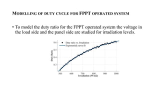 MODELLING OF DUTY CYCLE FOR FPPT OPERATED SYSTEM
? To model the duty ratio for the FPPT operated system the voltage in
the load side and the panel side are studied for irradiation levels.
 