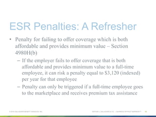 ARTHUR J. GALLAGHER & CO. | BUSINESS WITHOUT BARRIERS™
ESR Penalties: A Refresher
•  Penalty for failing to offer coverage which is both
affordable and provides minimum value – Section
4980H(b)
–  If the employer fails to offer coverage that is both
affordable and provides minimum value to a full-time
employee, it can risk a penalty equal to $3,120 (indexed)
per year for that employee
–  Penalty can only be triggered if a full-time employee goes
to the marketplace and receives premium tax assistance
© 2015 GALLAGHER BENEFIT SERVICES, INC. 10
 