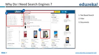 Slide 4Slide 4Slide 4 www.edureka.co/apache-solr
1. Text Based Search
2. Filter
3. Documents
1
2
3
Why Do I Need Search Engines ?
 