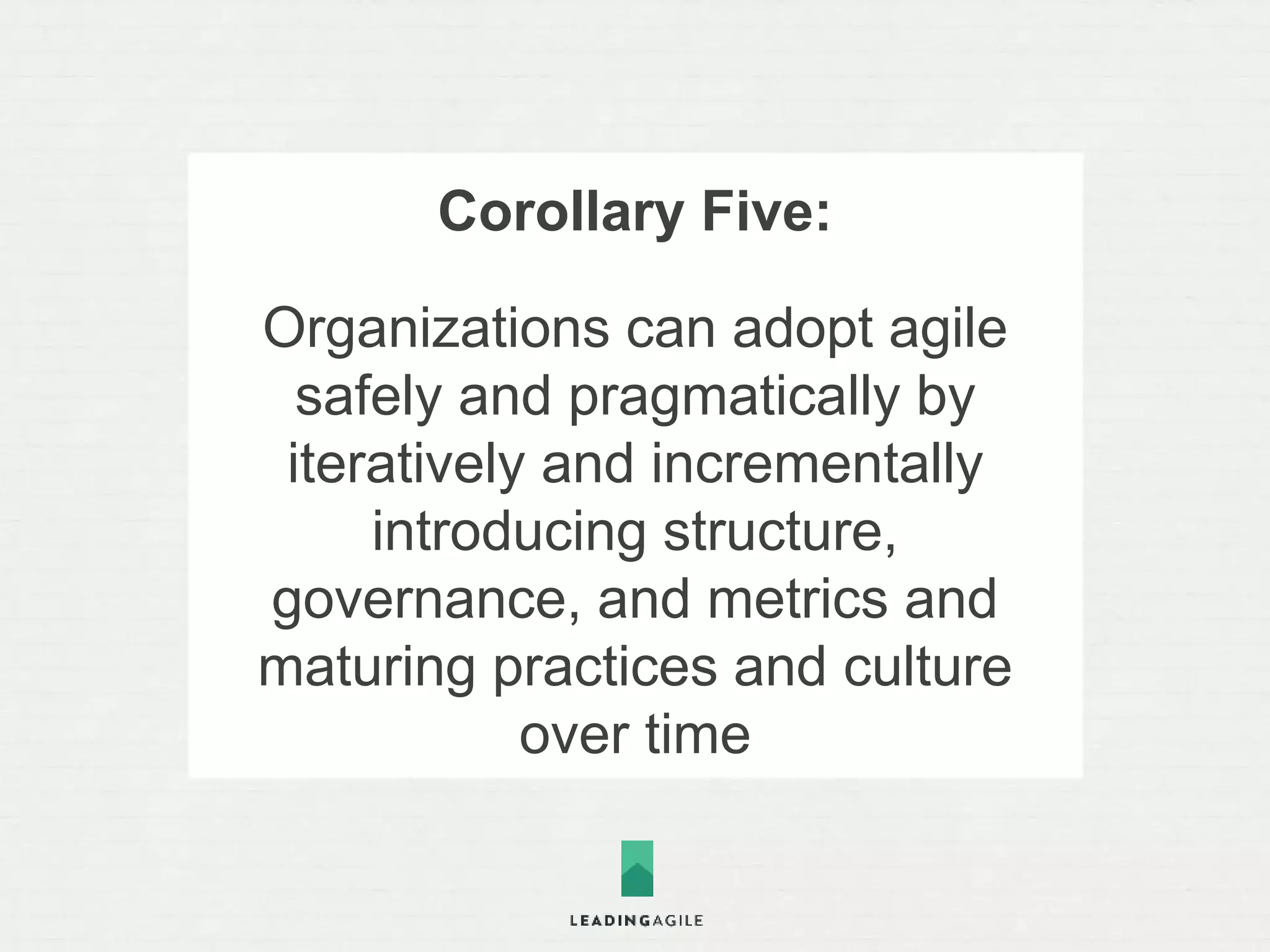 Summary 
By focusing on the fundamentals 
of agile delivery, while 
systematically and methodically 
breaking dependencies, we can 
achieve true enterprise agility 
 