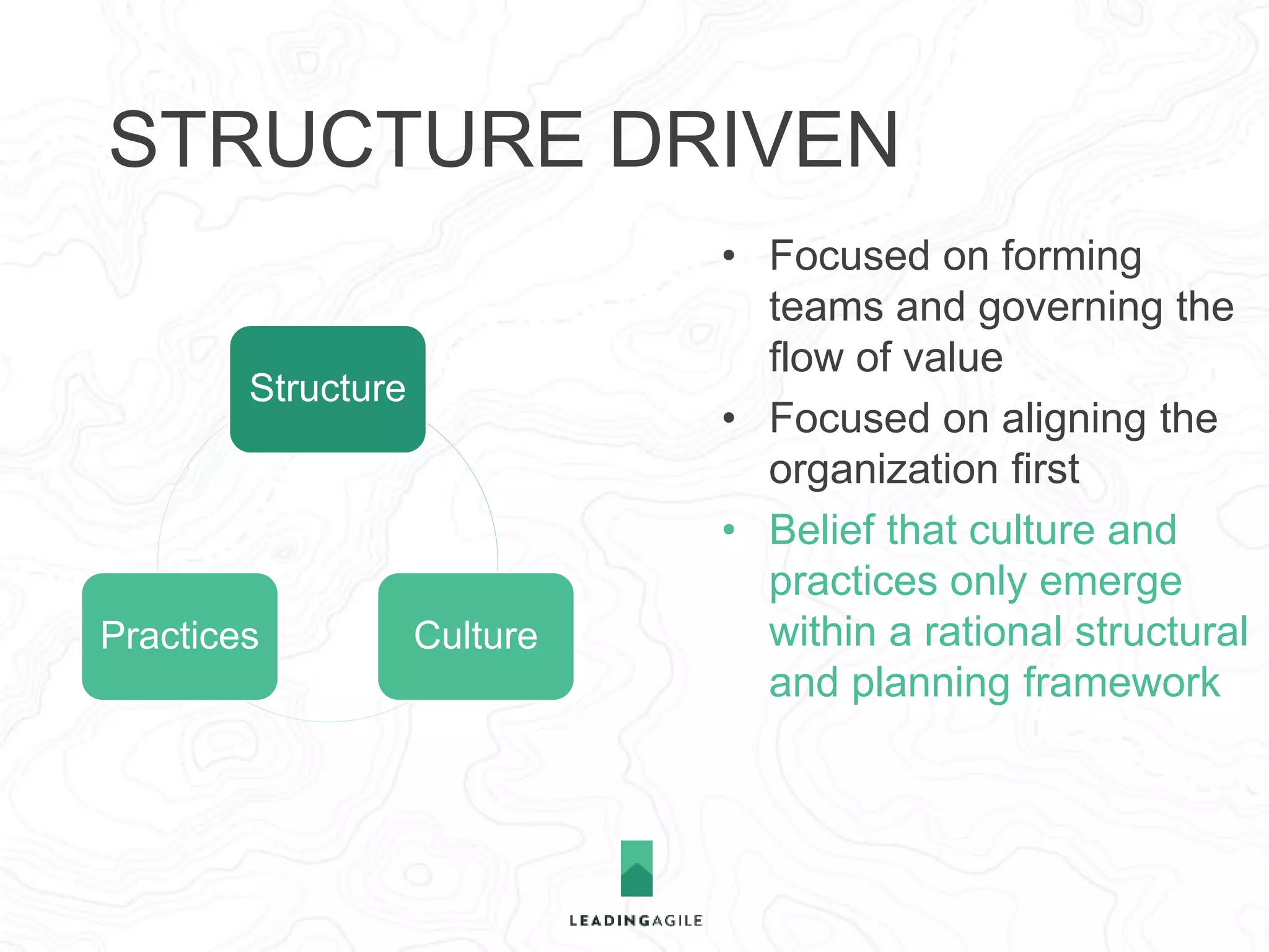 WHERE TO START? 
Culture 
... all three are essential, 
but where you start 
is also essential… 
Structure Practices 
 