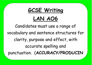 GCSE Writing
LAN AO6
Candidates must use a range of
vocabulary and sentence structures for
clarity, purpose and effect, with
accurate spelling and
punctuation. (ACCURACY/PRODUCIN
G/IMPACT).
 